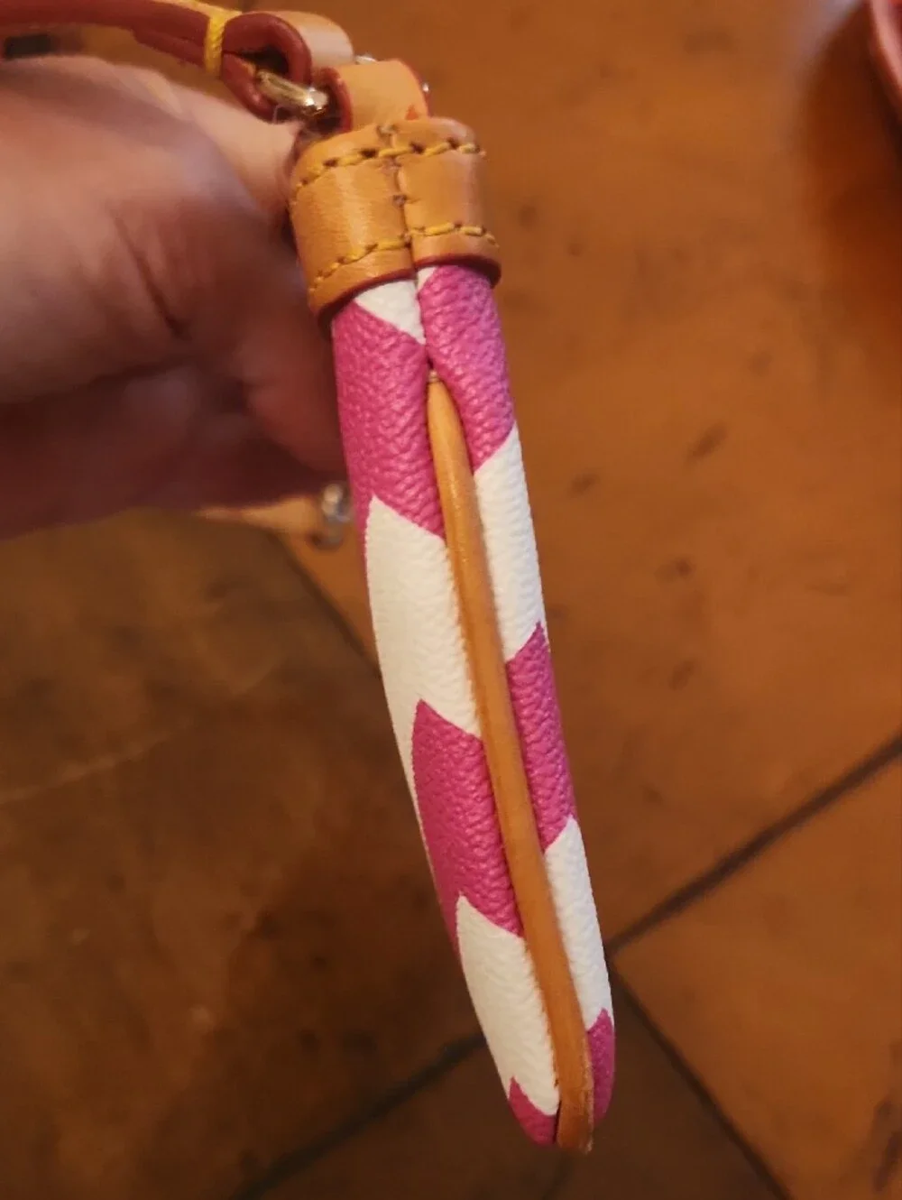 Dooney & Bourke Pink and White Chevron Wristlet with Tan Trim